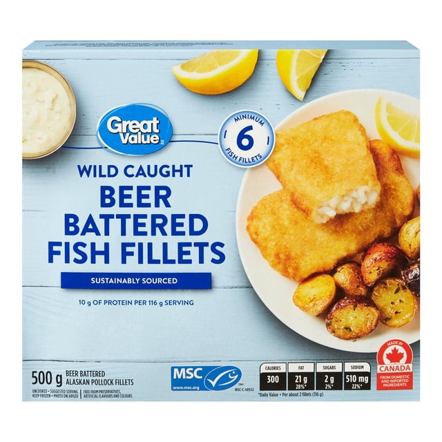 Great Value Beer Battered Fish Fillets package showing wild caught Alaskan pollock fillets coated in crispy beer batter, served on a white plate with roasted baby potatoes and lemon wedges, accompanied by tartar sauce. The 500 g frozen product is sustainably sourced, free from preservatives and artificial colours, and provides 10 g of protein per 116 g serving.