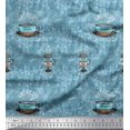 thumbnail image 1 of Soimoi Blue Rayon Fabric Caramel & Americano Coffee Beverages Decor Fabric Printed Yard 56 Inch Wide, 1 of 3