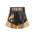 thumbnail image 3 of Xnihocha Unisex Kids Satin Boxing Shorts Metallic Color Block Boxer Kickboxing Muay Thai Training Trunks Black&Gold 12, 3 of 5