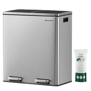 SONGMICS Trash Can, 2 x 8 Gallon Garbage Can for Kitchen, with 15 Trash Bags, 2 Compartments, Plastic Inner Buckets and Hinged Lids, Airtight, Silver and Black,indoos