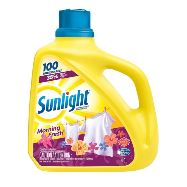 Sunlight Morning Fresh Détergent à Lessive Liquide Concentré 4,0 Litres Bouteille Jaune avec Bouchon Bleu, Présentant une Étiquette avec des Chemises Blanches sur une Corde à Linge et des Motifs Floraux, Offrant 100 Brassées avec une Formule Concentrée Anti-Taches et Éclaircissante Convenant à Toutes les machines et à Toutes les Températures d'Eau.