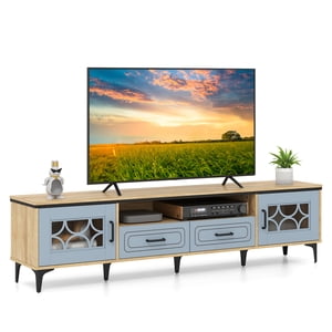 Patiojoy Farmhouse TV Stand for TVs up to 80" Entertainment Center with 2 Drawers & 2 CabinetsWooden TV Cabinet Oak