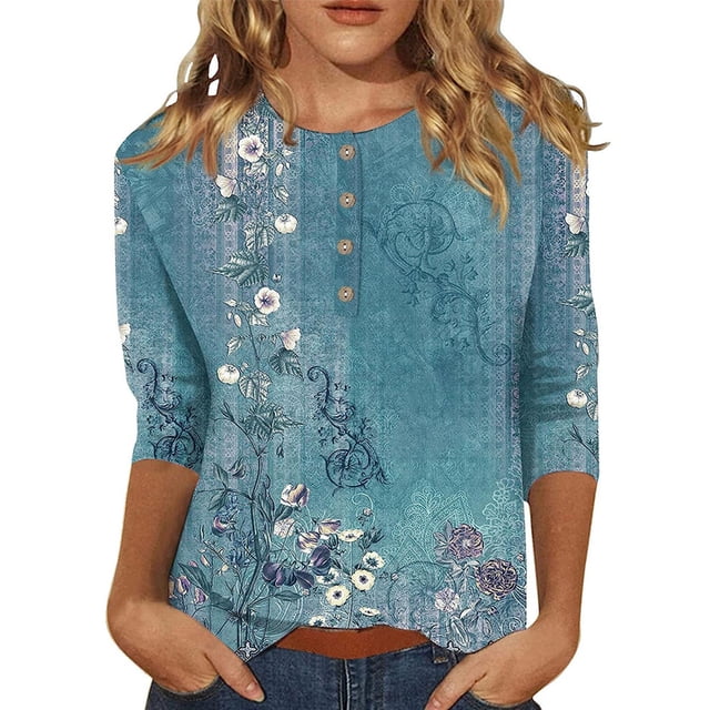 Innerwin Hauts Imprimé Floral T-Shirt Femme Col Rond Ample Bleu Ciel 2TG