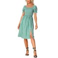 thumbnail image 1 of INSPIRE CHIC Robe Smockée pour Femme à Carreaux Vichy, Encolure Carrée, Manches Courtes, Décontractée, Vert P, 1 of 5