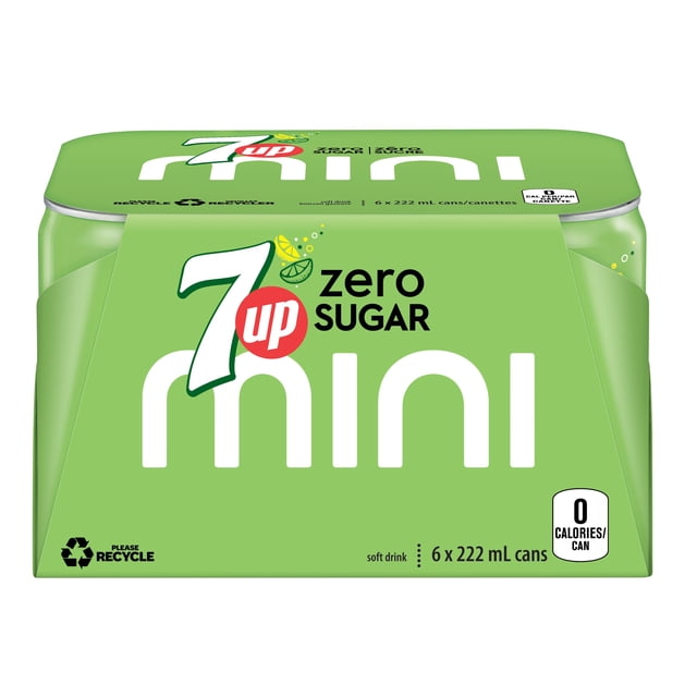 7UP Boisson Gazeuse Zéro Citron-Lime 6 x 222 ml mini Canettes avec Emballage Vert Mettant en Vedette le logo 7UP, Zéro Sucre et 0 Calorie par Étiquette de Canette, une Boisson Gazeuse Citron-Lime Sans Caféine Idéale pour Partager et Se Rafraîchir Sans Culpabilité.