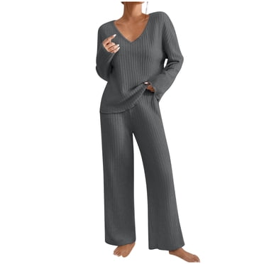 AherBiu Lounge Sets for Women Ribbed Long Sleeve V Neck Pullover Tops Pants 2 Piece Pajamas Homewear