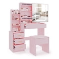 thumbnail image 1 of Ensemble de Coiffeuse avec Miroir DEL à 3 Couleurs à Intensité Réglable, Miroir Coulissant Dissimulé, Prise de Courant Intégrée, 4 Tiroirs de Rangement et Tablette, Tabouret Rembourré pour Chambre, 1 of 8