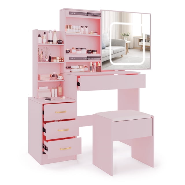 Ensemble de Coiffeuse avec Miroir DEL à 3 Couleurs à Intensité Réglable, Miroir Coulissant Dissimulé, Prise de Courant Intégrée, 4 Tiroirs de Rangement et Tablette, Tabouret Rembourré pour Chambre