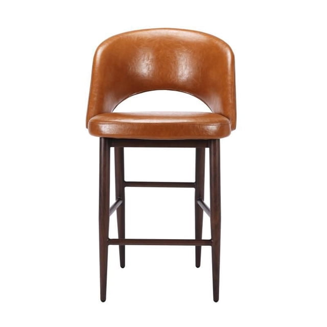 Plata Import Executive Stool in Tan, mid-century modern counter stool with tan PU upholstery and black walnut faux wood metal frame, 38 inches tall with backrest and footrest, suitable for kitchen island or bar seating.