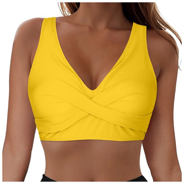 Huesdet Bikini Tops for Women Triangle Bikini Top Ribbed Push up Padded Halter String Bathing Suits Top(Yellow,XL)