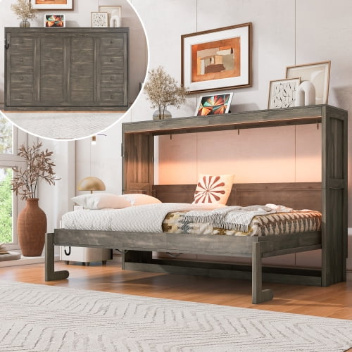 taoruifang Twin Size Murphy Bed with LED Light, Foldable Cabinet Wall Bed, Hidden Bed Frame, Brown