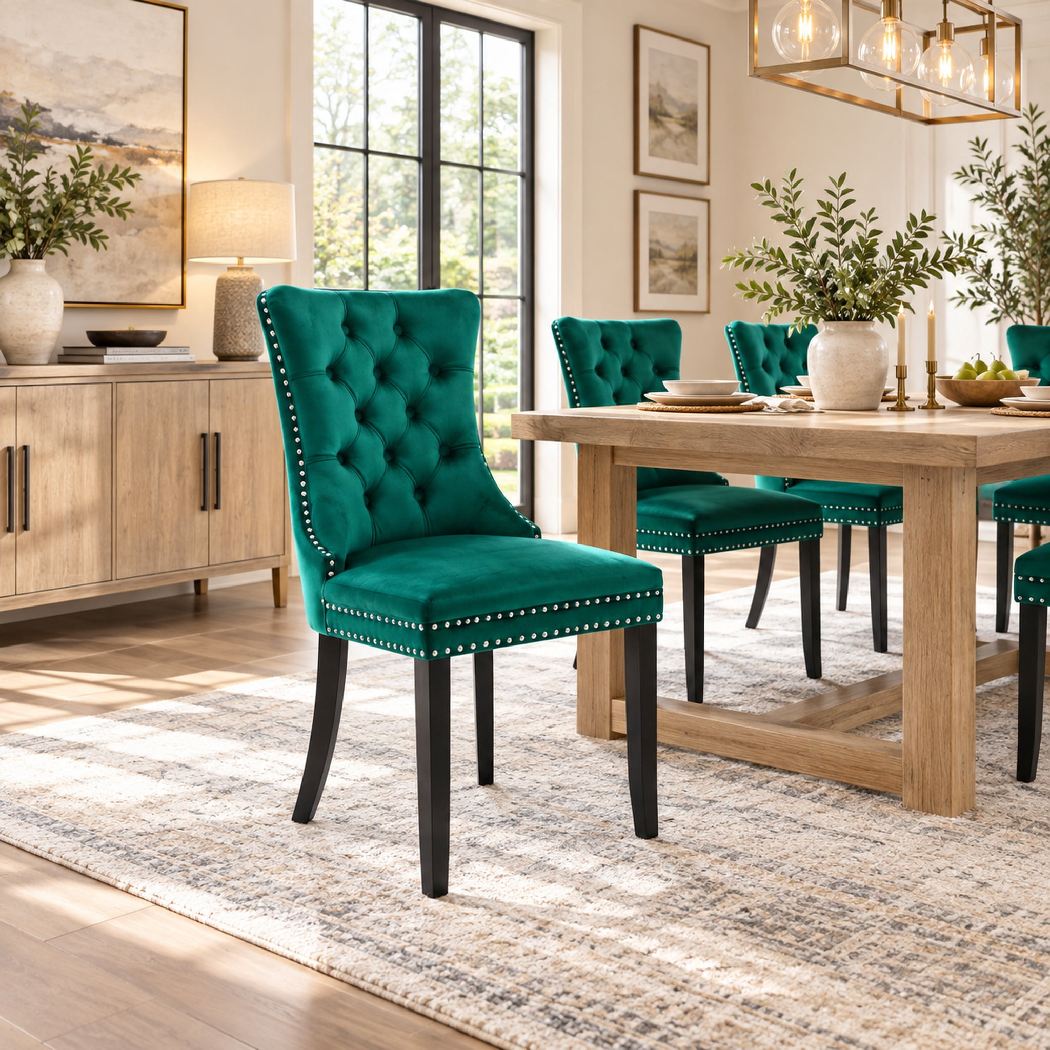 Homy Casa Green Velvet Tufted Dining Chairs Set of 2 with Solid Wood Legs and Nailhead Trim