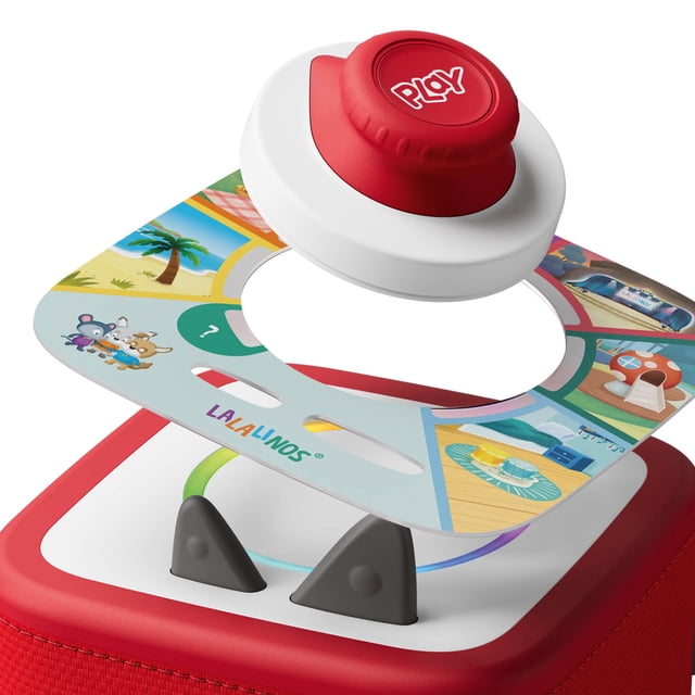 tonies Tonieplay Set Lalalinos: Find the Photo Game showing a close-up of the Tonieplay Controller with a red play button, colorful Lalalinos picture book insert with cartoon scenes, and red fabric-covered Toniebox base, designed for screen-free educational play for kids ages 3 and up, ideal for solo or group interactive learning.