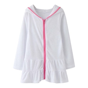 PMVFHDE Liquidation Robes Bébé Fille Enfant Filles Cache-Maillot Enfants Cache-Maillot Fermeture Éclair Plage Maillot de Bain à Capuche Peignoir Absorbant Robe de Plage, Blanc, 5-6 Ans