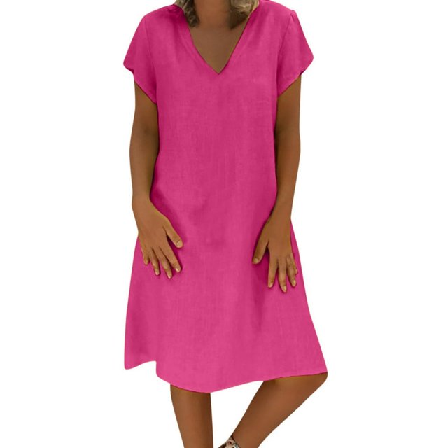 CHUANK Robes en Lin pour Femmes Été Grande Taille Manches Courtes Col en V Longueur Genou Robe Ample Décontractée Confortable Robe de Plage Soldes de Liquidation 2024