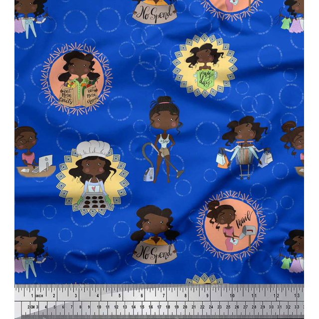Soimoi Blue Rayon Crepe Fabric Circle,Cook & Working Girl Print Fabric by Yard 46 Inch Wide