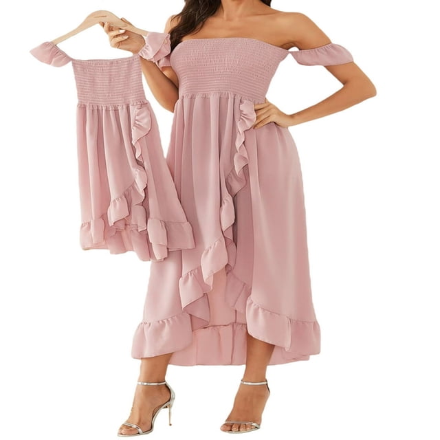 Robes Maman et Moi à Imprimé Floral, Épaules Dénudées, Combishort à Bretelles à Volants, Robe Midi de Plage