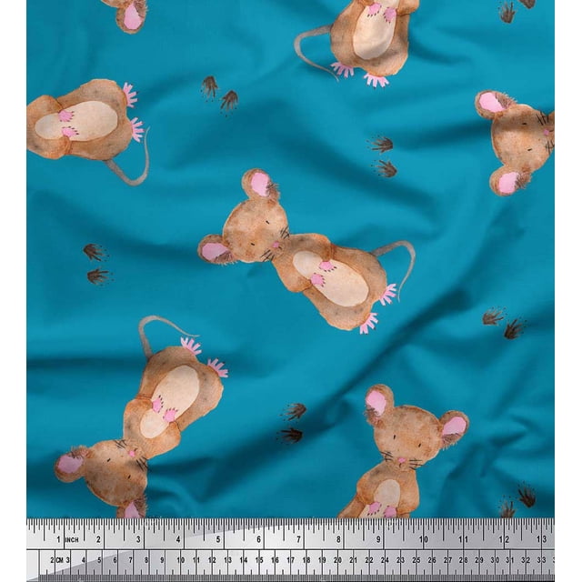 Soimoi Blue Velvet Fabric Footprints & Mouse Kids Fabric Prints By Yard 60 Inch Wide