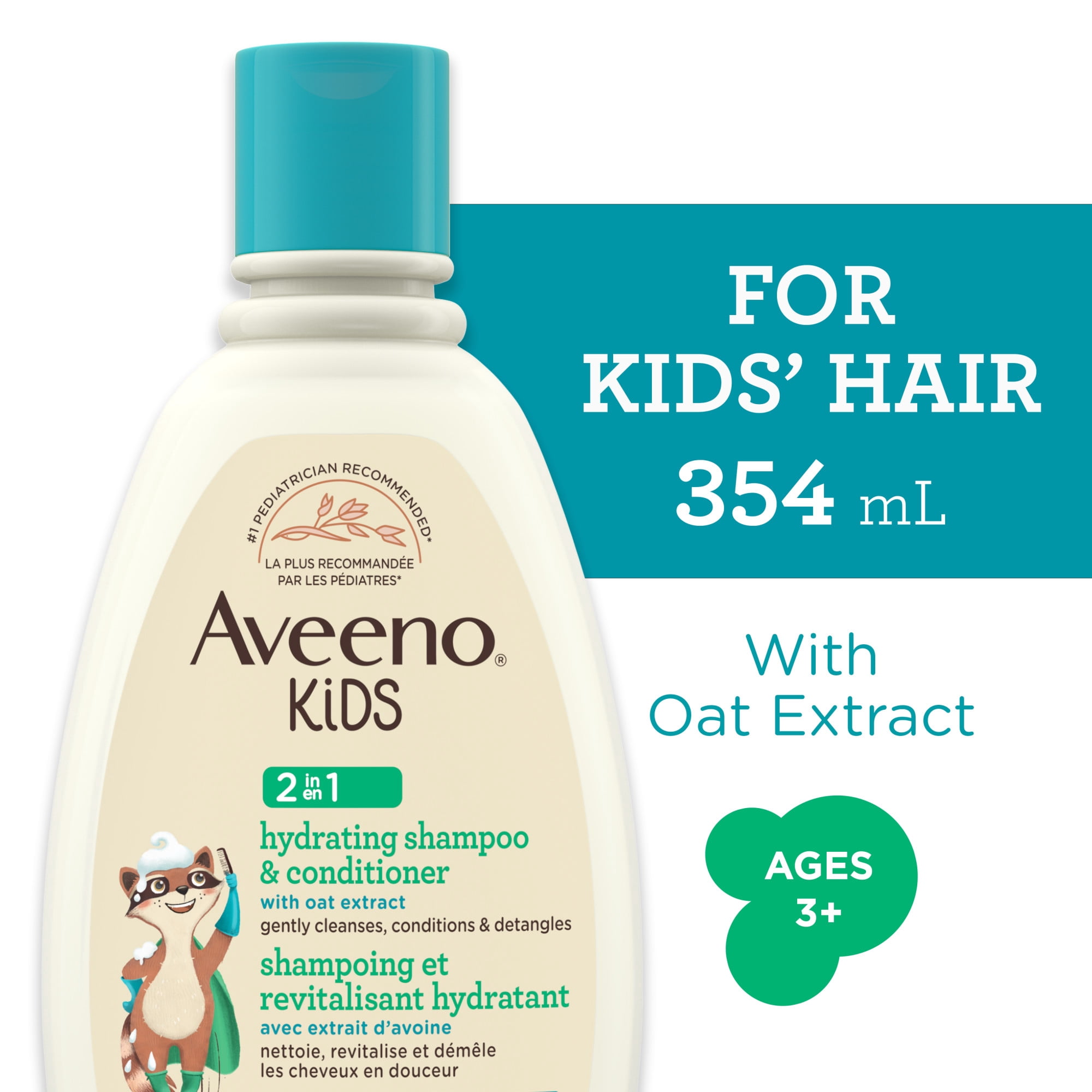 Shampooing et revitalisant hydratant 2 en 1 Aveeno Kids avec extrait d’avoine, shampooing sans sulfates, revitalisant de soins capillaires, n’irrite pas les yeux, peau, cuir chevelu sensibles, 354 ml