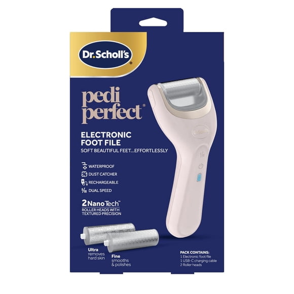 Remis à Neuf Dr. Scholl's Pedi Perfect Electric Foot Callus Remover, Étanche, Rechargeable, Moteur à Double Vitesse, Têtes de Rouleau Nanotechnologiques