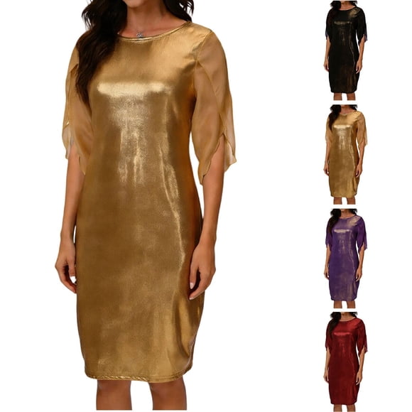 QIUOMBBP Metallic Dresses for Women Mesh Short Sleeve A Line Midi Sundress Loose Casual Summer Party Dress Black L