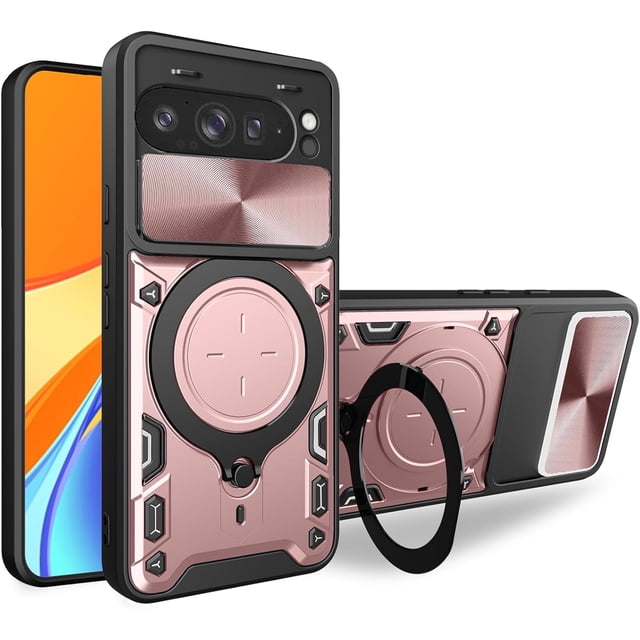 KOMI for Google Pixel 9 Pro XL Case with Metal Ring Stand & Slide Camera Cover for Pixel 9 Pro XL Phone Case Magnetic Military Grade Shockproof Heavy Duty Rugged Protective Cover (Rose Gold)