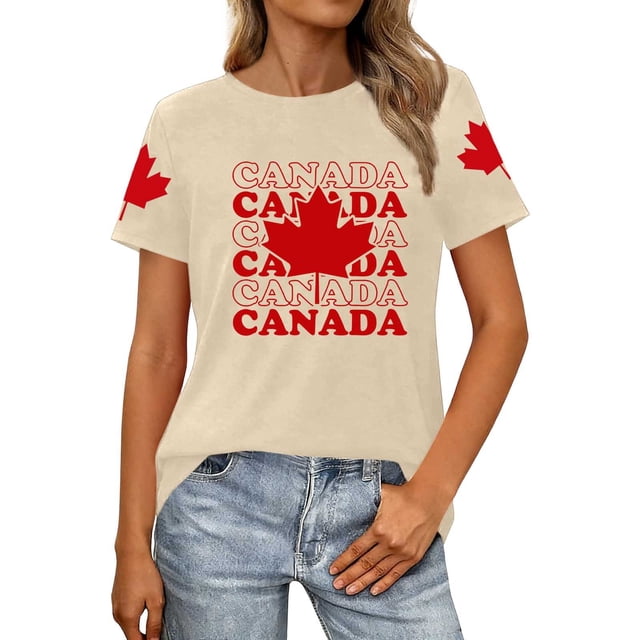 Fgnfyis T-Shirts Graphiques pour Femmes pour l'Été, Tenue Décontractée, Confortable, Manches Courtes, Col Rond, Tee avec Imprimé Patriotique de la Fête du Canada, T-Shirts pour Femmes Beige TTG