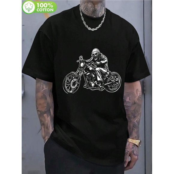 Summer Breathable Mens Short Sleeve Tee, Skull Biker Motorcycle Rider Outdoor Motocross Cotton Tee