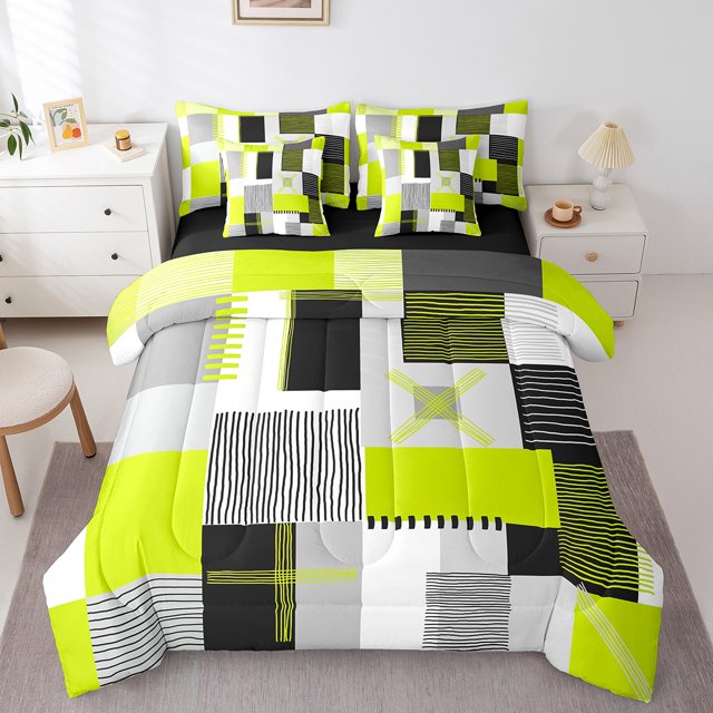 Erosebridal Geometry Lines Bedding Queen Size,Patchwork Rectangle Comforter Sets with Sheets,Stripe Bedroom Decor,Reversible,Lightweight,7 Pieces