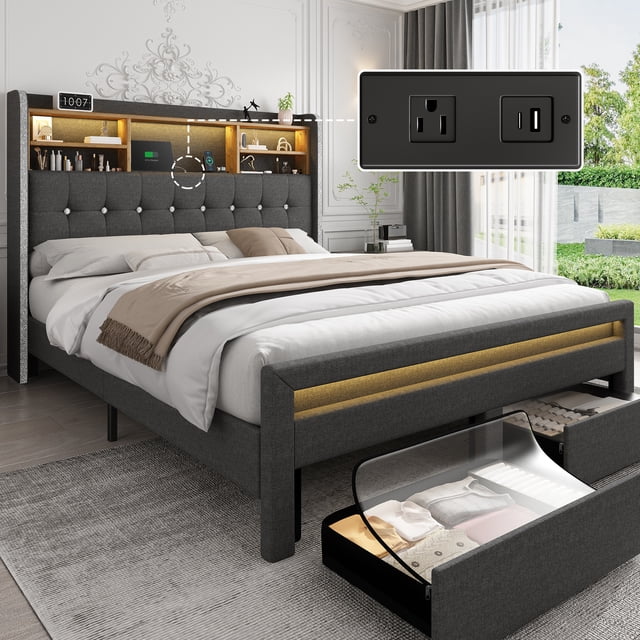 SIBEDS Bed Frame with Bookcase Storage Headboard and 2 Drawers Linen Gray Upholstered Tufted Wingback Beds, Full