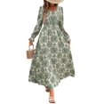 thumbnail image 2 of Robe Maxi Évasée à Imprimé Floral pour Femme, Col en V, Manches Longues, Décontractée, Portefeuille, Automne, Plage, Évasée, Vert, P, 2 of 9