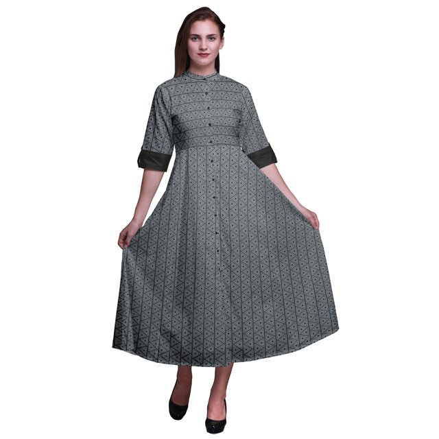 Bimba Geometric Button Down Dress Print Mandarin Collar Roll Up Sleeves Shirt Dress-Medium