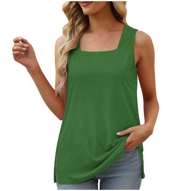 UPPADA Womens Square Collar Tank Top Ruffled Color Block Striped Tank Tees Summer Casual Loose Fit Sleeveless Shirt Square Neck Tank Top Casual Flowy Beach Tops Past Orders Green,XL