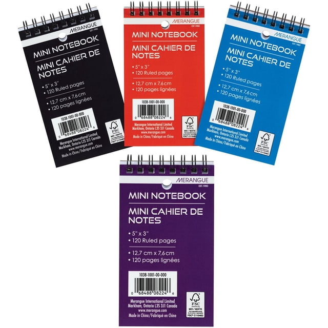 Merangue Mini Top Coil Notebooks, 5" x 3", 60 Sheets/Pad, 3 Pads/Pack, 4 Pack featuring four compact spiral-bound memo notepads in black, red, blue, and purple with 120 ruled pages each, ideal for organized note-taking and office use.