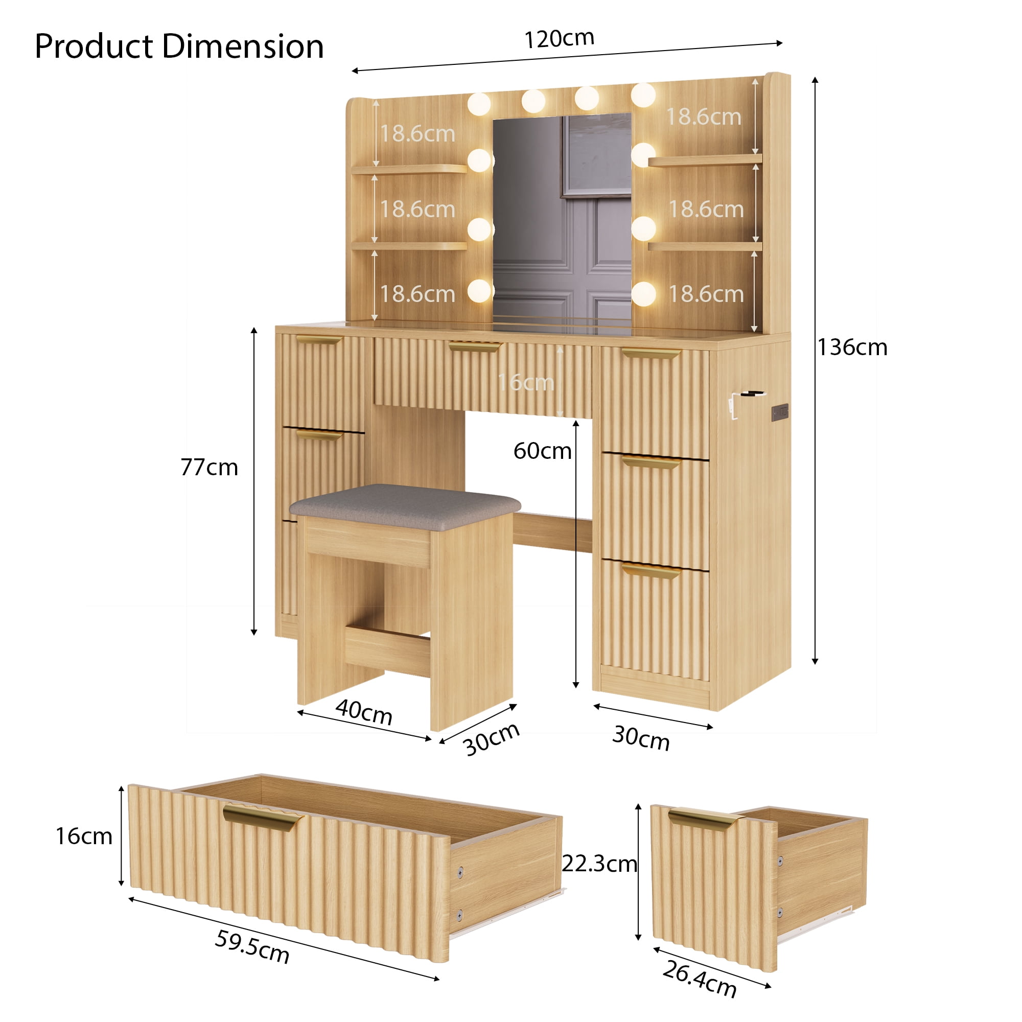 Noble House bureau vanité à 7 tiroirs avec prise de courant et plateau en verre, Design cannelé avec 10 lumières LED miroir et chaise, naturel