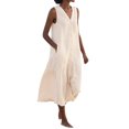 thumbnail image 1 of Robes Beiges pour Femmes Couleur Unie Sans Manches Robe Douce Grande Taille Col en V Coupe Ample Tendance Vacances Robe Décontractée Maxi Mode Robe Quotidienne Gilet Bretelles Lin et Coton Robe Froncée avec Poche,m, 1 of 5