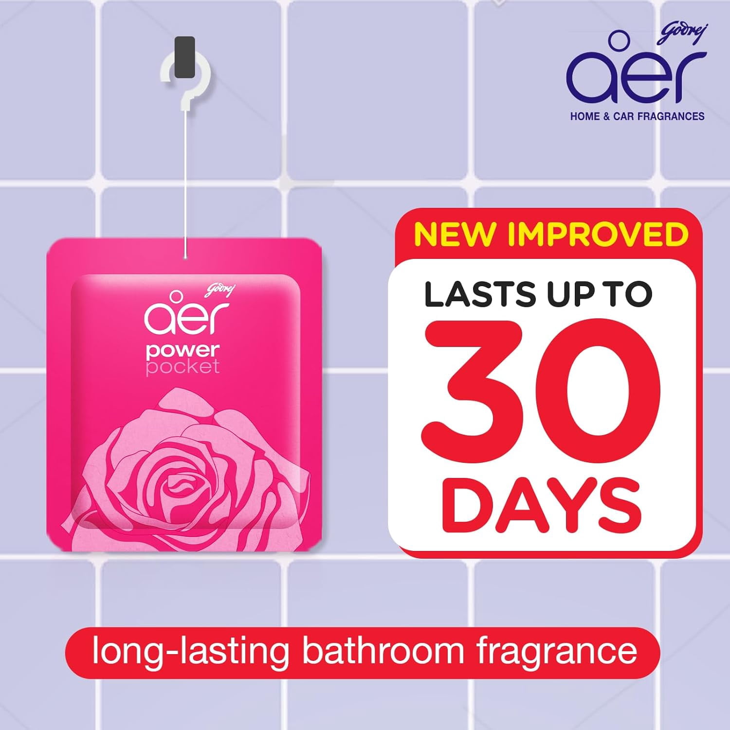 Godrej Aer Power Pocket Rose Fresh Blossom Bathroom Freshener, 10 g, Lasts Upto 30 Days, Air Freshener for Bathroom