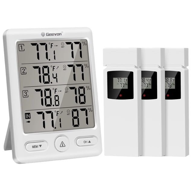 Geevon Indoor Outdoor Thermometer Wireless with 3 Remote Sensors, featuring a large white LCD display showing real-time temperature and humidity readings for up to four locations. The base station displays data from the included three wireless sensors, each with its own small screen. The thermometer offers 24-hour max/min records, trend arrows, and a Comfort Indicator for assessing living conditions. Suitable for homes, basements, greenhouses, and more, with a 60M/200FT range and °C/°F switching. Powered by AA and AAA batteries (not included).
