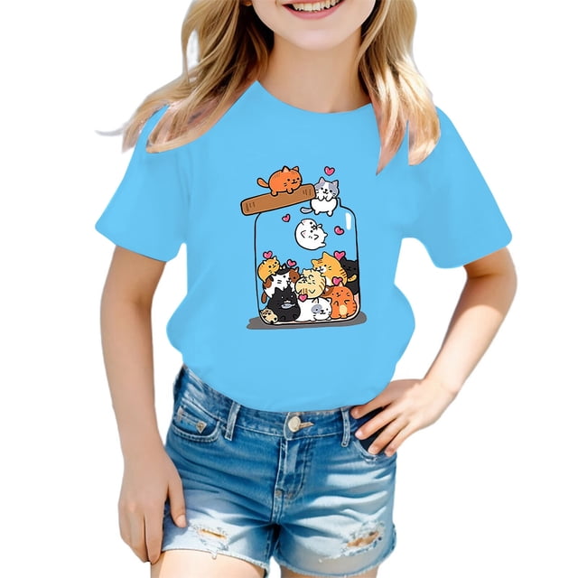 HNMKIU T-Shirt d'Été Décontracté pour Filles avec Mignon Imprimé Graphique Col Rond Manches Courtes T-Shirt Confortable pour Enfants Bleu, 8-9 Ans