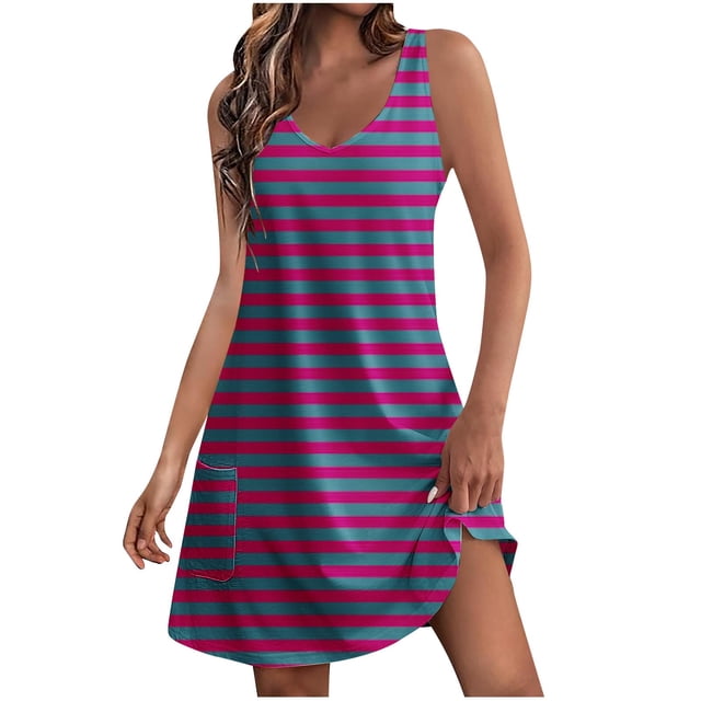 FcBaudy Robe Sans Manches à Col Rond, Robes d'Été pour Femmes, Robes pour Femmes Robe Décontractée pour Femmes avec Poches Robe Bohème d'Été de Plage Robe T-Shirts Robe Col Ample Robes Débardeur Femmes Robe