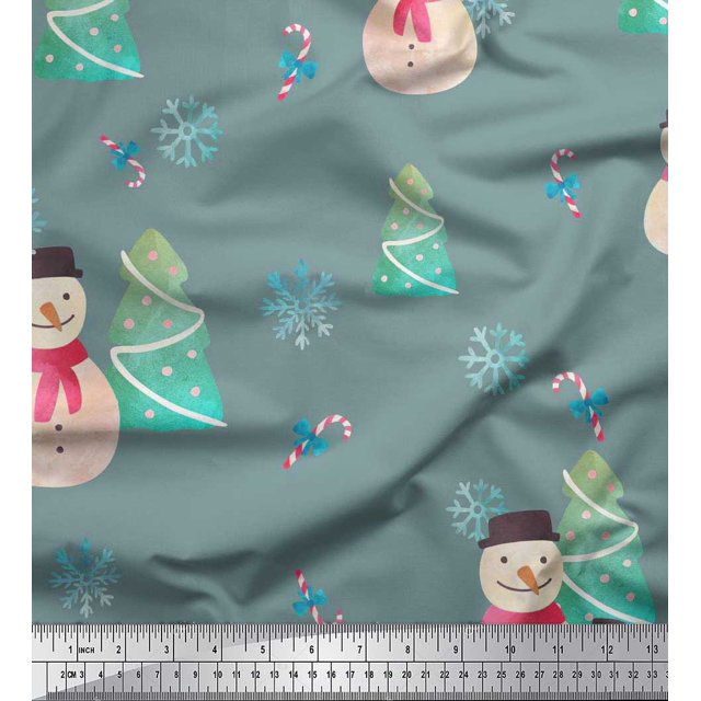 Soimoi Green Velvet Fabric Snowman & Tree Christmas Printed Fabric 1 Yard 58 Inch Wide