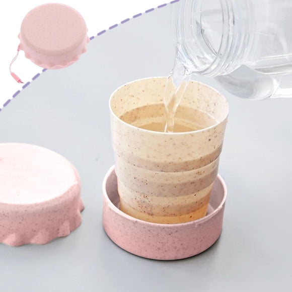 Xinsrenus Telescopic Folding Cup, 130ml Portable Collapsible Water Cup for Travel, Eco-Friendly Wheats Straw Material Cup for Outdoor Hiking Camping with Lanyard, Pink