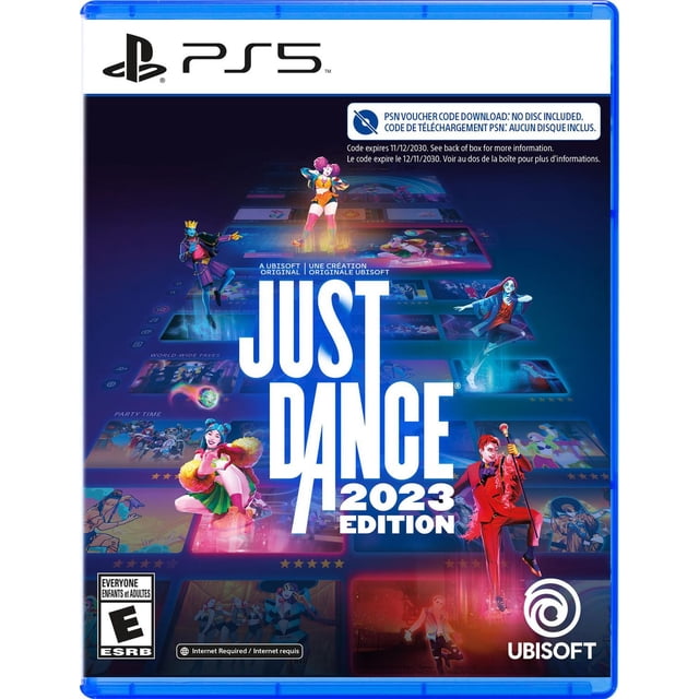 Just Dance Édition 2023 pour PS5, Couverture de Jeu Mettant en Vedette des Danseurs Animés en costumes Colorés sur Fond Sombre avec Panneaux de Sélection de Chansons Flottants, logo Ubisoft, Image de Marque PS5, et une note sur le code de Téléchargement Numérique Sans Disque Inclus.