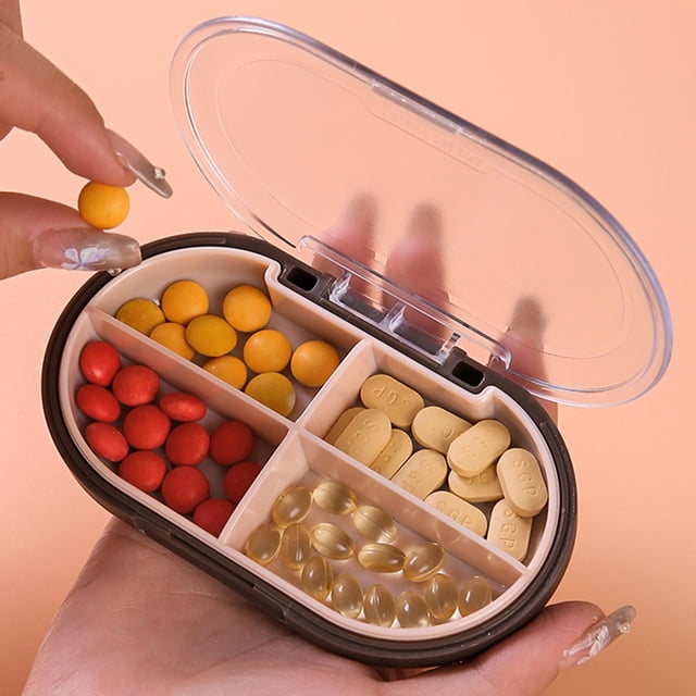 weibbin Mini Pilulier - Étui à Médicaments de Voyage à 4 Compartiments, Brun