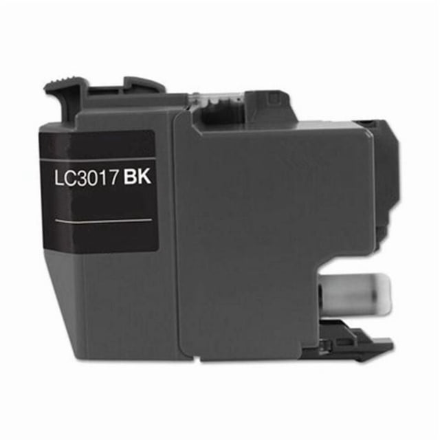 L-ink Compatible LC3017 Black Ink Cartridge (LC-3017) featuring a matte black plastic casing with a label marked LC3017 BK, compatible with multiple printers, ISO14001 and ISO9001 certified, delivering clear, crisp print quality and a 550-page yield at 5% coverage.