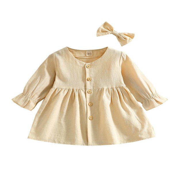 Tenues d'Automne 2 Pcs pour Filles Tout-Petits Robe Mignonne à Manches Longues Col en V avec Nœud pour Cheveux