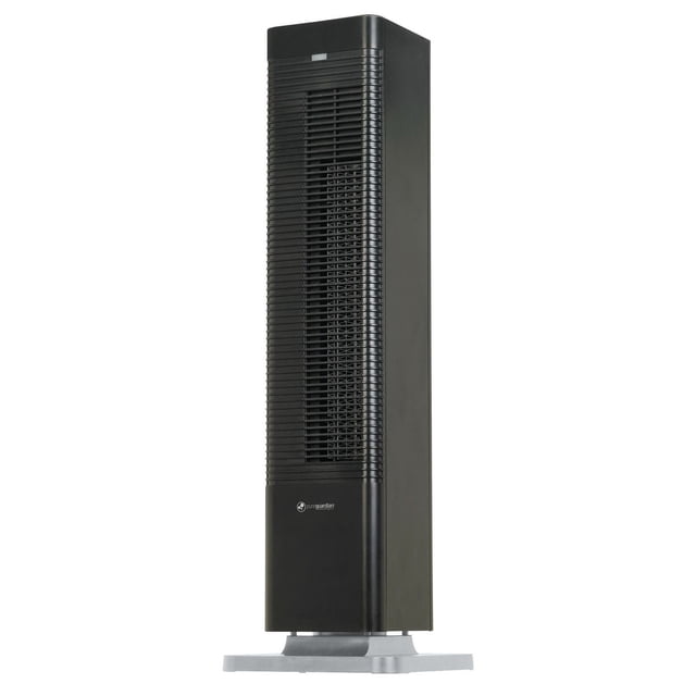 PureGuardian® HTR410B Oscillating 27" Whole Room Tower Heater and Fan with Remote Control, a slim black tower heater with vertical front vents on a silver base, featuring 1500 watt heat output, 80-degree oscillation, programmable thermostat, timer, and remote control for even home or office warmth.