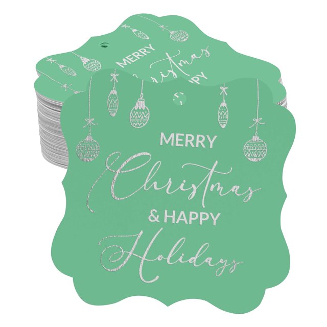 Inkdotpot Real Silver Foil Merry Christmas & Happy Text Tags Favor Bracket Shape Hang Pack Of 100 Paper Tags