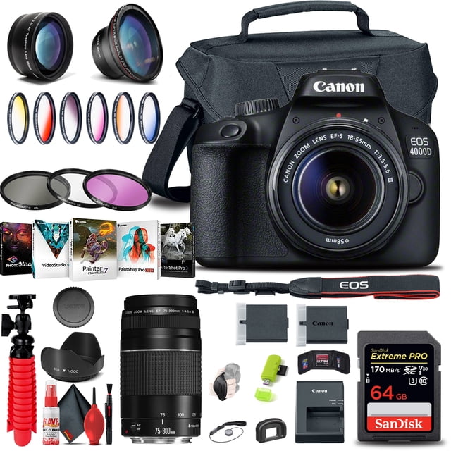Canon EOS 4000D / Rebel T100 Appareil Photo Reflex Numérique avec Objectif 18-55mm + EF 75-300mm + Plus (Modèle International)