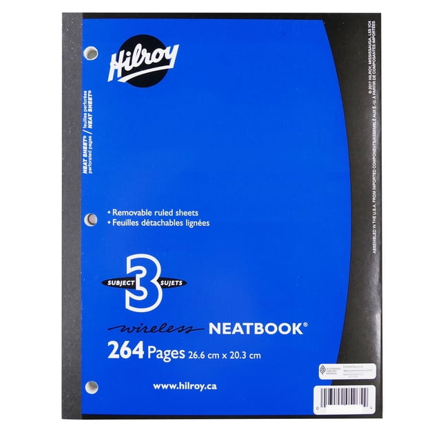 Hilroy 3-Subject Wireless Neatbook with a blue gloss card stock cover, black tape spine, and three punched holes for binder insertion, containing 264 removable 7mm ruled sheets measuring 26.6 cm by 20.3 cm, suitable for school, work, or home note-taking.